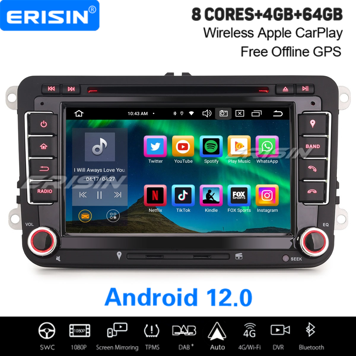 Erisin 8 Cœurs 4Go+64Go Android 12 Autoradio Bluetooth GPS pour VW