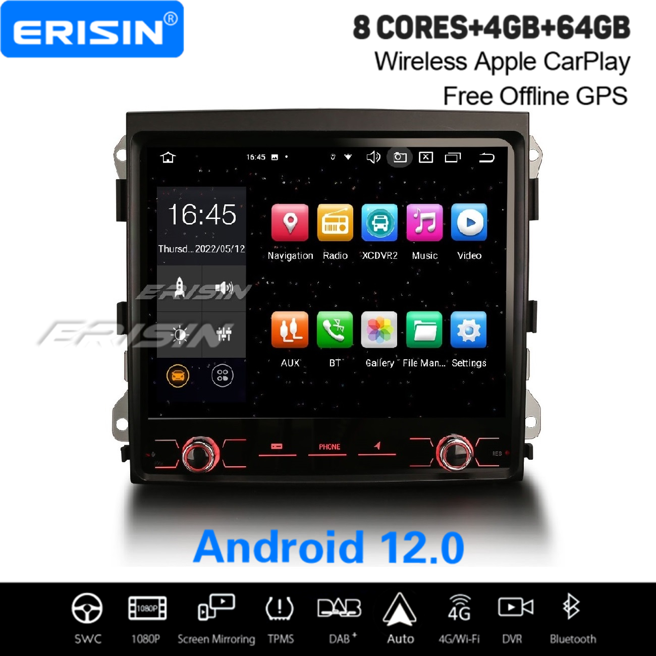 Autoradio 8 , Android 12.0, 6 Go, 8 cœurs, lecteur DVD, 4G, 2 DIN